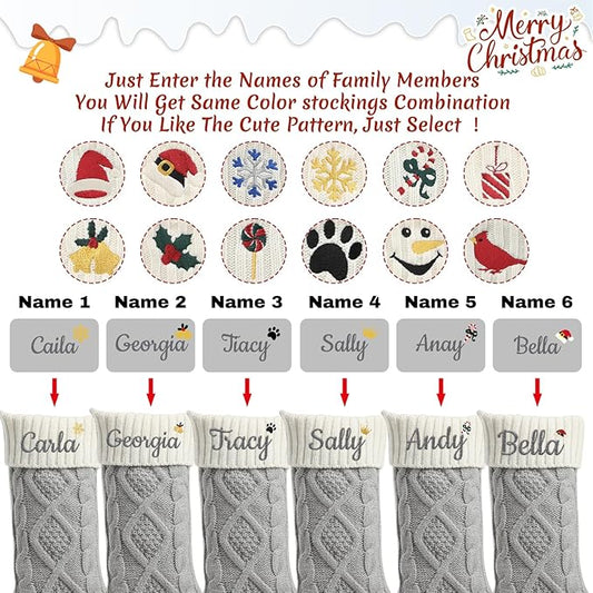 Personalized Christmas Stockings,Custom Embroidered Name+Logo Xmas Knitted Stockings 18'',Holiday and Family Stocking for Fireplace Christmas Holiday Party Decoration 1-6Pack(Grey White)