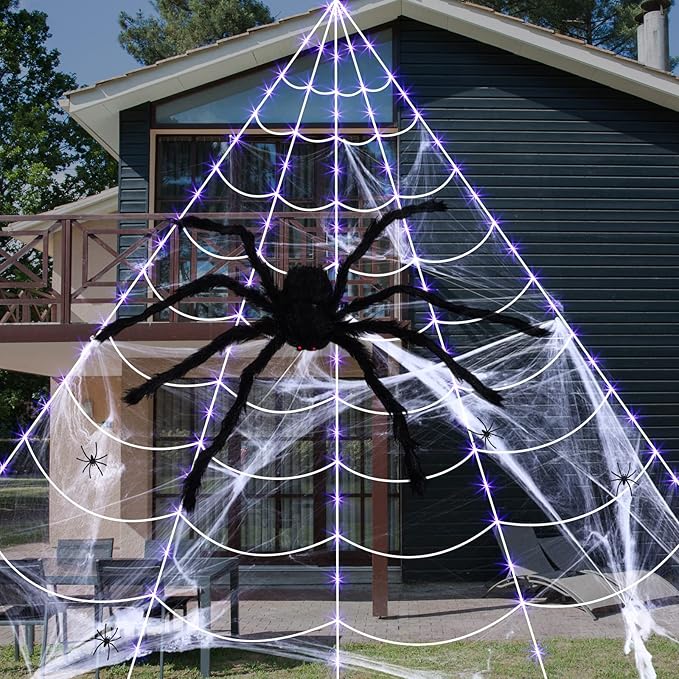 Spider Web Halloween Decorations Outdoor Lights 16.4 ft 135 LED Purple Light up Giant with Scary Realistic Spider, Stretch for Decoration Outdoor Haunted House