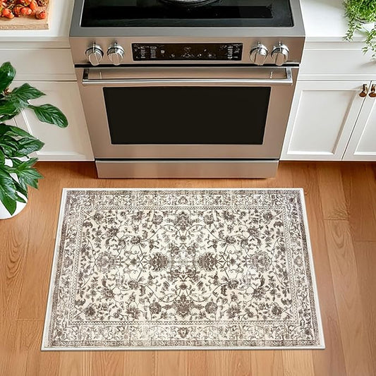 KILOCOCO Moroccan Small Area Rug 2x3 Entryway Rugs Printed Vintage Floral Washable Rug Non-Slip Kitchen Rug Indoor Door Mat, Accent Throw Small Rugs for Laundry Room Bedroom Entrance, Beige/Brown
