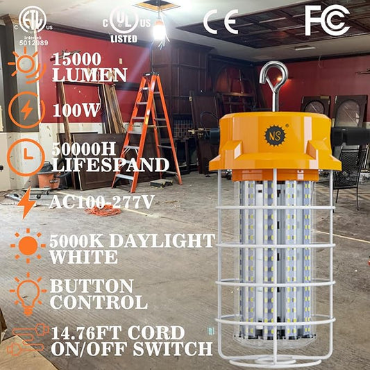 15000LM 100W LED Work Light with 360° Coverage | ETL/UL Certified | Daisy Chain 30 Units | Alternative to 1300W Incandescent HID/HPS | 14.76FT Power Cord with US Plug