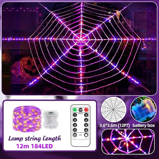 144 LED Halloween Spider Web Lights Decor, Net Light Decoration 3.6 m Giant Round Light up Net with Remote Control - 8 Modes & Timer
