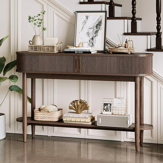 LINSY Fluted Console Table with Storage, Entryway Table Wood Entrance Tables for Front Door, Behind Couch Sofa Table with Shelves, Foyer Tables for Hallways, Living Room Vintage Furniture, Walnut