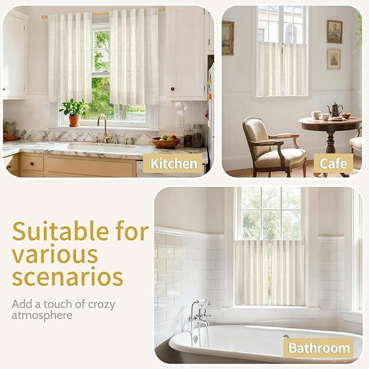YoungsTex Linen Curtains 48 Inch Length for Kitchen Window, Short Semi Sheer Drapes with Rod Pocket Back Tab Light Filtering for Cafe Bathroom Windows, 2 Panels, 30 X 48 Inch