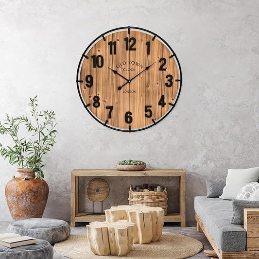 30 Inch Farmhouse Wall Clock Large Old Town Vintage Rustic Wooden Clock with Metal Rim and Large Numerals, Silent Battery-Operated for Office, Kitchen, Bedroom, and Living Room