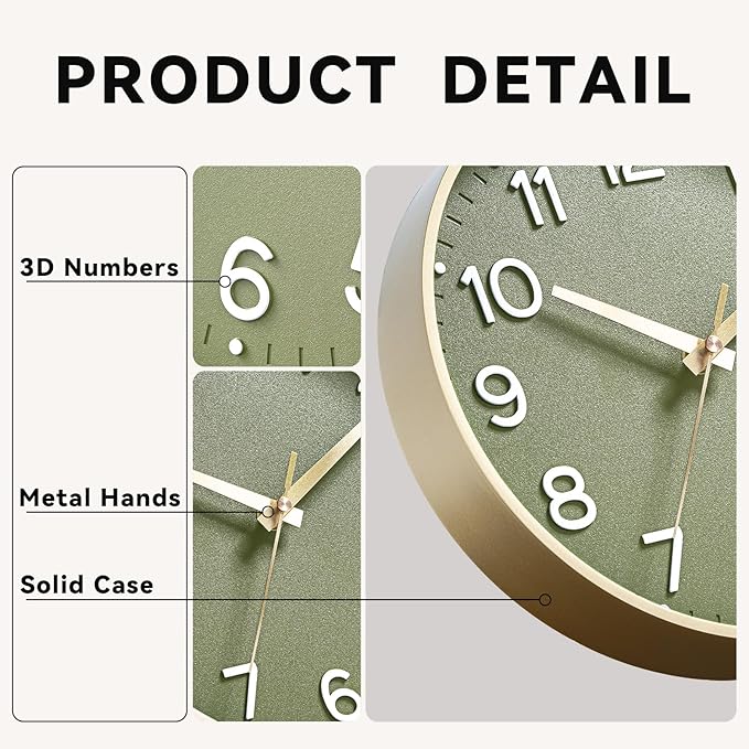 Wall Clock 12 Inch Silent Green Wall Clocks Battery Operated- Modern Non Ticking Analog Clock Decorative for Living Room Bedroom Office Kitchen(Gold)