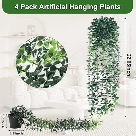 4pcs Artificial Hanging Eucalyptus Plants,Fake Plants Eucalyptus Small Decor Faux Hanging Vine Plants Wall Greenery for New Home Decoration,for Floating Shelf Indoor Outdoor