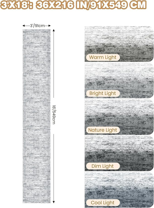 3x18 Washable Runner Rug for Hallway, Non-Slip Long Hallway Runner for Entryway, Soft Vintage Kitchen Mats for Floor, Abstract Dining Room, Bedroom, Living Room Rugs(3'x18', Grey/Ivory)