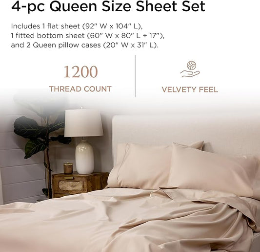 Threadmill Luxury Supima Cotton Sheets, Luxury 1200 Thread Count Soft 100% Cotton Sheets for Queen Size Bed, 4 Pc Beige Bed Sheets Queen Set, 5-Star Hotel Quality Deep Pocket Bed Sheets Set