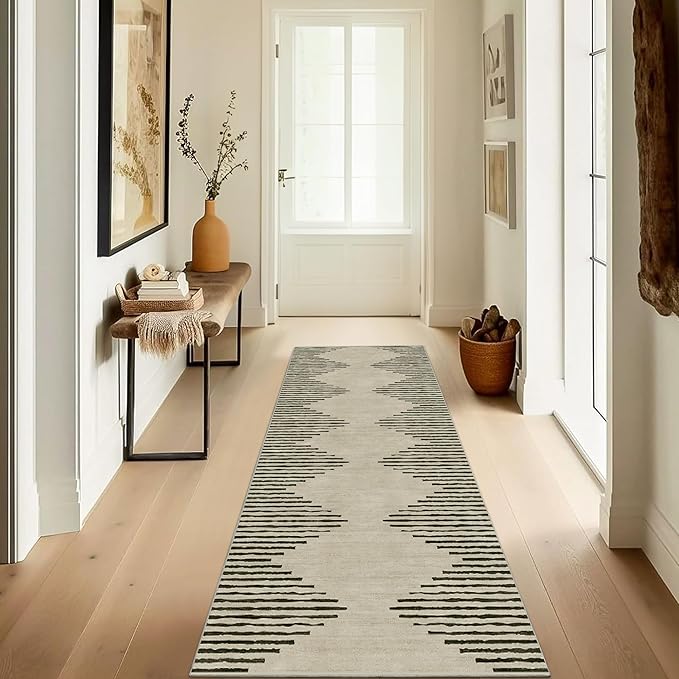 HelloTree Hallway Runner Rug,2.6x8 Moroccan Modern Stripe Carpet Washable Machine Bathroom Runner Bohemian Design Modern Soft Non Slip Indoor Rug for Entryway Hallway Laundry Room Bedroom-Cream
