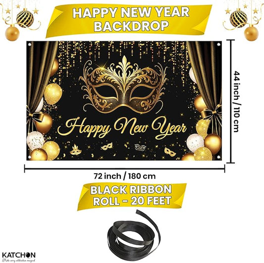 KatchOn, Happy New Year Banner 2026 - XtraLarge, 72x44 Inch | Happy New Year Backdrop with Mask for Happy New Years Decorations 2026 | NYE Backdrop for NYE Decorations 2026 | New Years Eve Party Supplies 2026