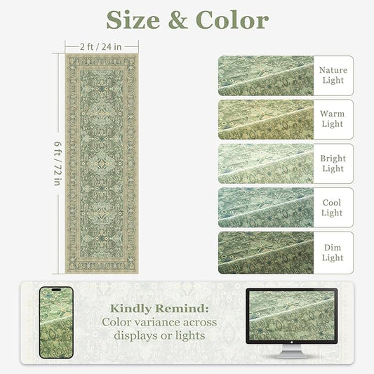 Sage Green Boho Hallway Runner 2x6, Low Pile Thin Entryway Runner 6ft, Kitchen Runner Rugs Non Skid Washable for Laundry Room Bedside Bathroom, Floral Moroccan Pattern with Opal Colors
