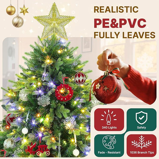 GGOYING 6.5FT Pre-Lit Flocked Christmas Tree with Rotating Stand & Remote, Green Dense Branches, Realistic Holiday Decorations, LED Lights (RGB + Warm White)