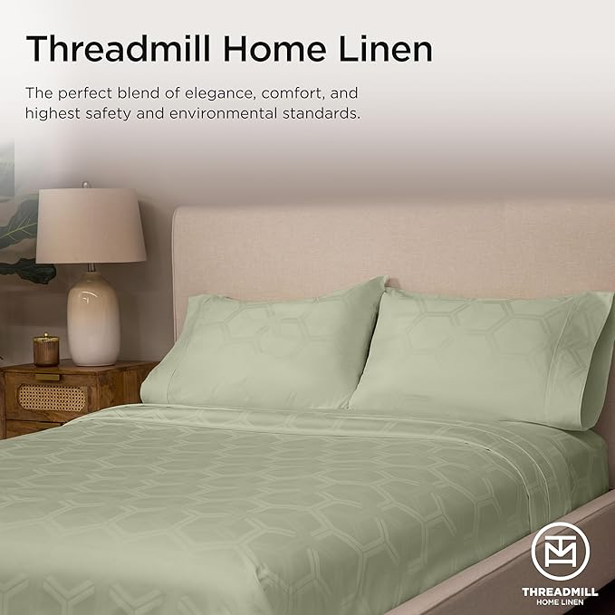 Threadmill 100% Cotton Sheets for Full Size Bed - 600 Thread Count Full Bed Sheets Set with 16” Deep Pocket - Jacquard Sateen Weave 4-Piece Bedding Set with Cooling Effect, Sage Green