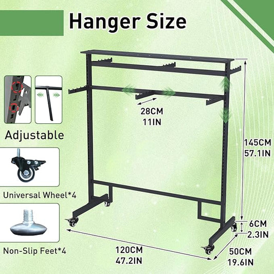 Retail Clothing Rack with wheels, 6 Arms Commercial Clothing Display, Height Adjustable Garment Rack, Free Standing Metal Clothing Rack, for Retail clothing store Home Laundry Room (black)