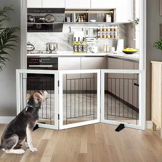 ZJSF Freestanding Dog Gate Indoor, Foldable Dog Fence for Doorways,Hallways or Stairs, Sturdy Wood Extra Wide Pet Gate with Support Feet,White