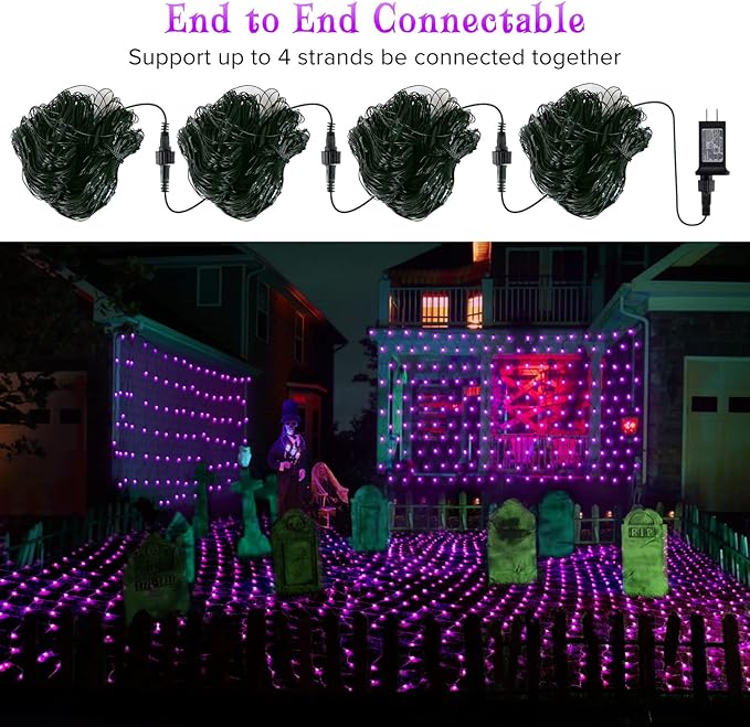 BlcTec Halloween Lights Outdoor 360 LED 9.8ft x 6.6 Purple Halloween Lights with 8 Modes, Timer, Connectable, Waterproof & Dark Green Wire Design for Lawn, Porch, Shrub, Bushes Outdoor Decorations
