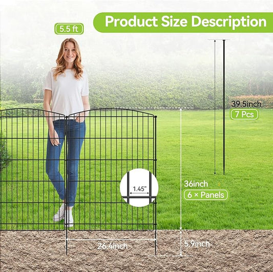 INJOPEXI Decorative Garden Fence 6 Panels 13ft (L)×36in (H) Animal Barrier Fences with 6 Panels Rustproof Metal Wire No Dig Rabbit Fencing Dog Fence for Outdoor Backyard Patio - Without Fence Gate
