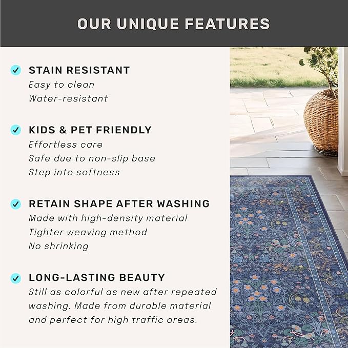 Non Slip 2x7 Dark Blue Kithen Runner Washable - Long Runner Rugs for Hallway, Bathroom, Bedroom Bedside - Dusky Navy Vintage Floral Décor