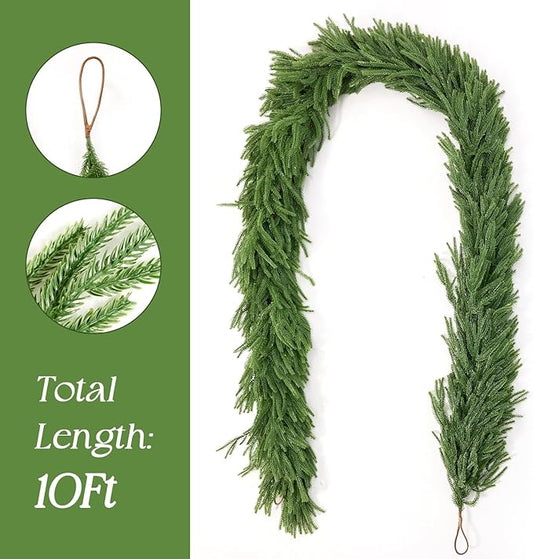 10 Ft Christmas Norfolk Pine Garland Decorations, Artificial Dense Real Touch Pine Greenery Garland for Fireplace, Mantle, Table, Indoor, Outdoor Christmas Decor