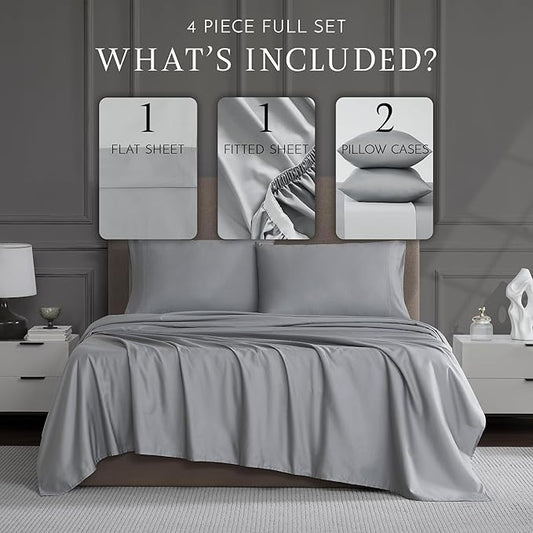 Linen Closet Luxury Cotton 1200 Thread Count Hotel Luxury 4-Piece Sheet Set, Full, Light Gray