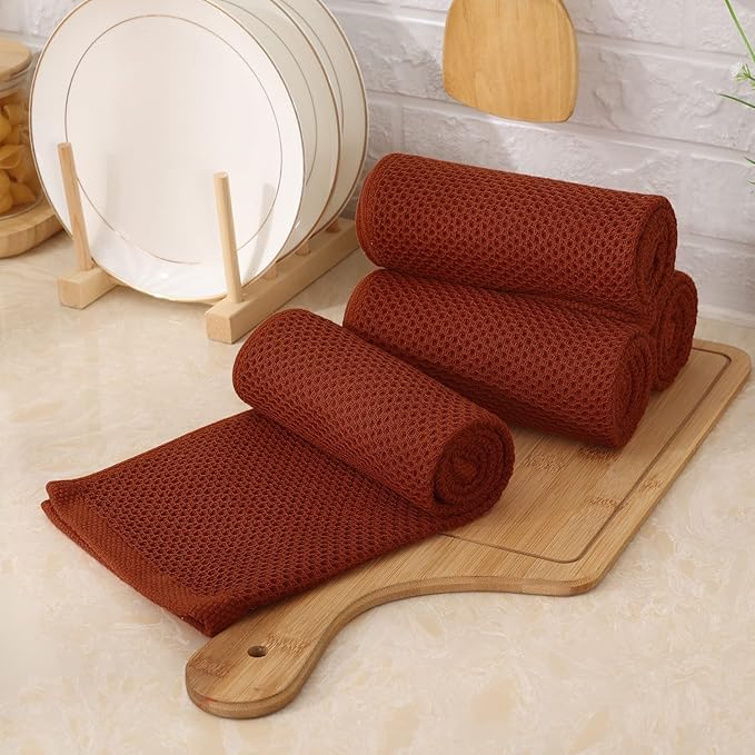 Kitinjoy 100% Cotton Waffle Weave Kitchen Towels, 4-Pack Super Soft and Absorbent Dish Towels for Drying Dishes, Kitchen Hand Towels, 13 in x 28 in, Rust