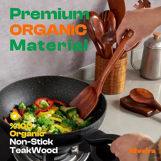Riveira's 9-Piece Dark Brown Kitchen Essentials Wooden Cooking Utensils Set - Complete Kitchen Utensils Set for Gourmet Results