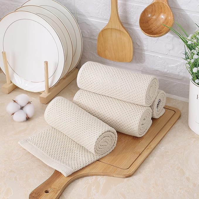 Kitinjoy 100% Cotton Waffle Weave Kitchen Towels, 8-Pack Super Soft and Absorbent Dish Towels for Drying Dishes, Kitchen Hand Towels, 13 in x 28 in, Beige
