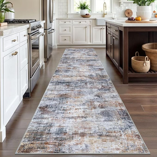 IOHOUZE Abstract Runner Rug 3x12 Ft Washable Runners for Hallways, Non Slip Kitchen Runner Printed Faux Wool Entryway Runner Indoor, Modern Abstract Floor Carpet for Hall Kitchen, Orange Grey