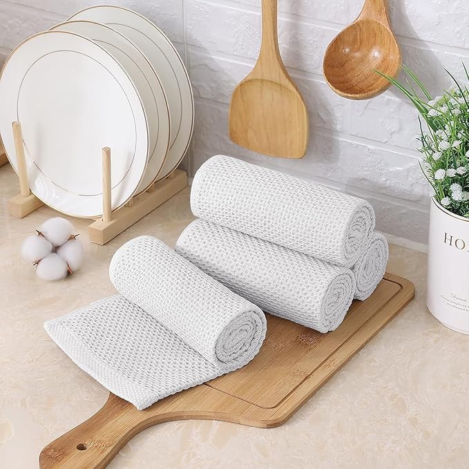 Kitinjoy 100% Cotton Kitchen Towels and Dishcloths Set, 12 Pack Waffle Weave Dish Towels Ultra Soft Absorbent Quick Drying Dish Rags, 13 x 28 Inch and 12 X 12 Inch, White