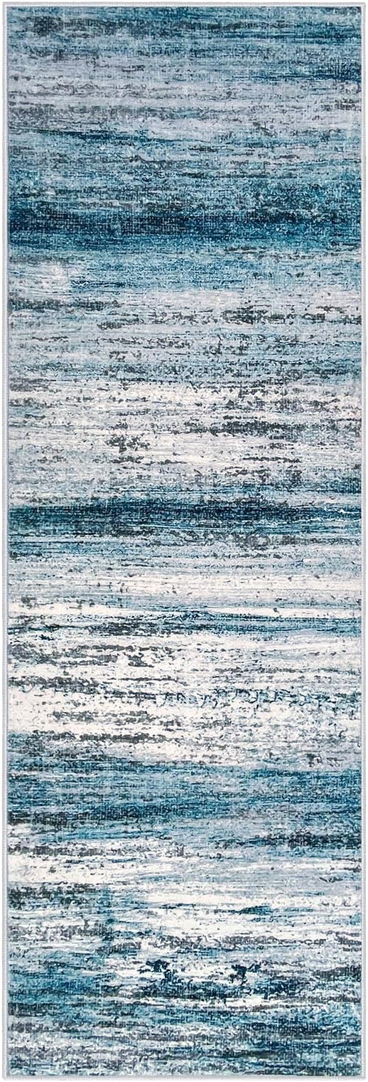 KOZYFLY Modern Abstract Hallway Runner Rug, 2x6 Washable Rug Runner Non-Slip Soft Striped Kitchen Runner Rugs, Print Blue Carpet Runner for Entryway Bathroom Laundry Room Foyer