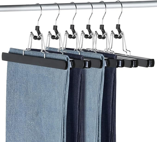 AMKUFO 12 Pack Black Wooden Pants Hangers with Clips Non Slip Skirt Hangers Trouser Clamp Hanger Solid Wood Hanger with 360° Swivel Hook