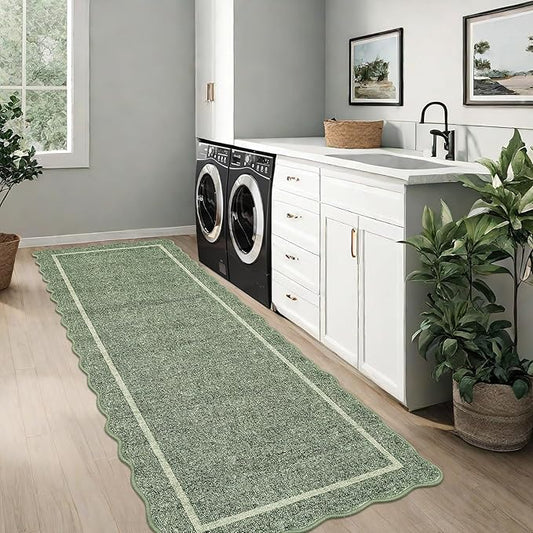GarveeHome Scalloped Runner Rug for Hallway 2x10 Kitchen Rugs Non Slip Washable Modern Entryway Rug Farmhouse Soft Bathroom Rugs Stain Resistant Carpet for Hallway Laundry Bedroom 2'x6' Greyish Green
