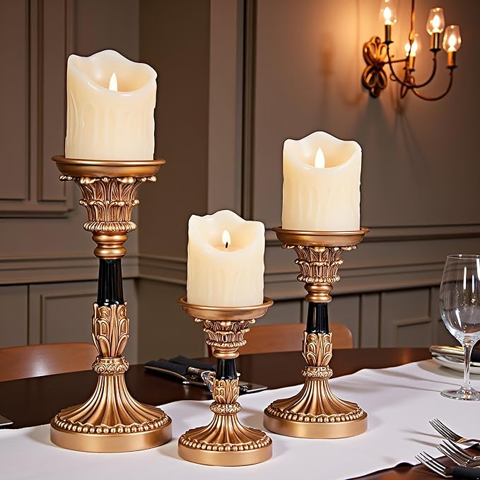 Resin Candle Holder Set of 3 - Christmas Home Decor Column Candle Stands, Vintage Palace Style, Coffee Table Centerpiece, Suitable for Fireplace, Living Room, or Dining Table