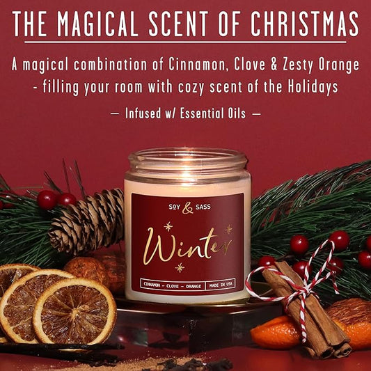 Winter Candle, Christmas Candles Scented - w/Orange, Cinnamon & Vanilla - Infused with Essential Oils I Winter Candles I 9oz, 50Hr, Made in USA