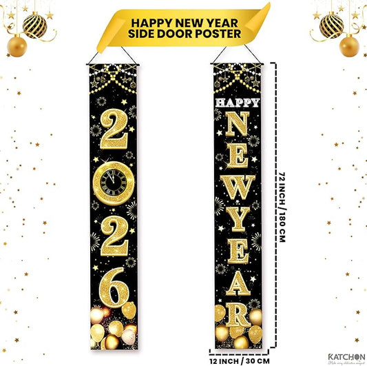 KatchOn XtraLarge 2026 Happy New Year Banner – 72x12 Inch | Black and Gold Happy New Year Door Banner for New Years Decorations 2026 | Porch Banner for New Years Eve Party Supplies 2026 | NYE Decor