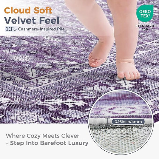 OPPODREAM Thin Vintage Purple 2x8 Runner Rug, 2 x 8 Retro Washable Rug Non Slip, Low-Pile Faux Wool Carpet, Distressed Floor Mat for Kitchen, Hallway, Entry-Way, Entrance, Indoor Back Door