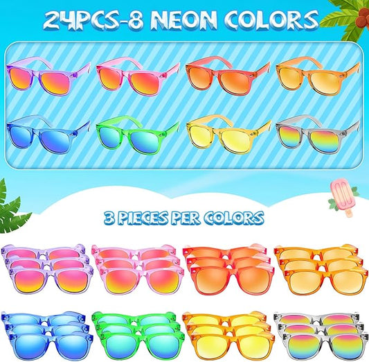 Kids Sunglasses Bulk Party Favors - 24 Packs Boys Girls Sunglass for Kid Age 3-8, Neon Glasses with UV 400 Protection, Goodie Bags Stuffers for Birthday Classroom Graduation Valentines Gifts