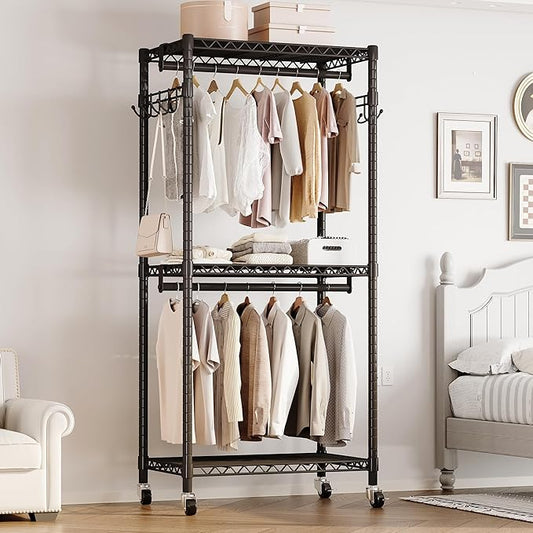 Mini Rolling Clothes Rack with Adjustable Metal Wire Shelving, Heavy Duty Clothing Rack for Hanging Clothes, Portable Closet with Wheels Side Hooks, Freestanding Closet Wardrobe, Black