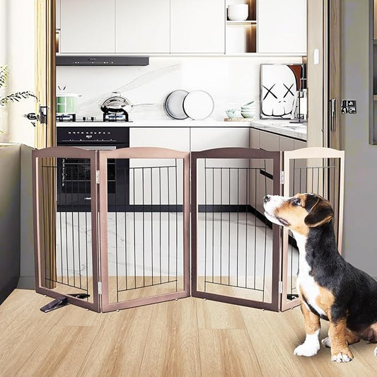ZJSF Freestanding Dog Fence Indoor, Foldable Dog Gate for Doorways, Stairs or Hallways, Sturdy Wood Extra Wide Pet Gate with Support Feet for The House, Brown, 32 "Height-4 Panels