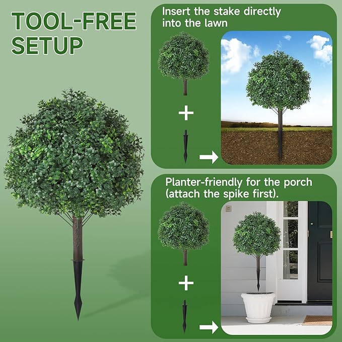 Boxwood Topiary Balls Artificial Outdoor Set of 2,UV Resistant with Spike Faux Plants for Garden,Indoor, Porch,Yard, Balcony Decor
