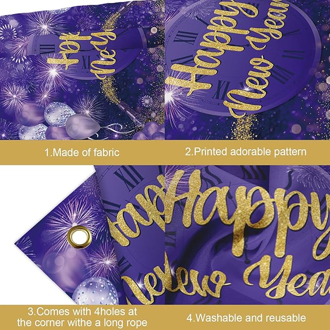 MEHOFOND Happy New Year Backdrop Purple 2025 New Year Eve Party Decorations Banner Supplies Shining Champagne Balloons Firework Photography Background New Years Eve Photo Studio Props 6 x 3.6 ft