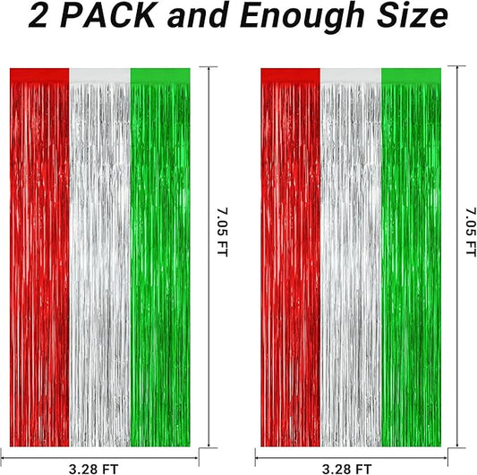 2 Pack Christmas Backdrop, 3.28 FT x 7.05 FT Red Silver Green Party Streamer, Metallic Xmas Backdrop Fringe Curtains Foil Tinsel, Christmas Decorations Wall Decor Photo Booth Props