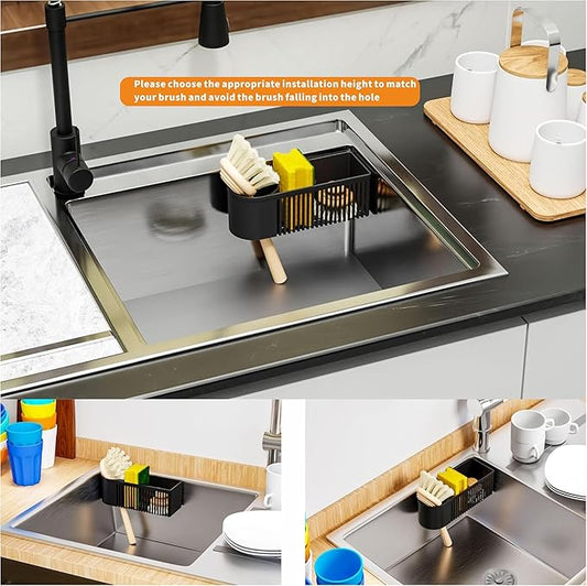 2-in-1 Dish Wand Holder & Sponge Holder for Kitchen Sink Hanging,With Adhesive,Rust Proof Scrub Brush,Scrubber,Dish Sponge,Spinge Holder,In Sink Organizer & Basket Accessories & Essentials,Plastic
