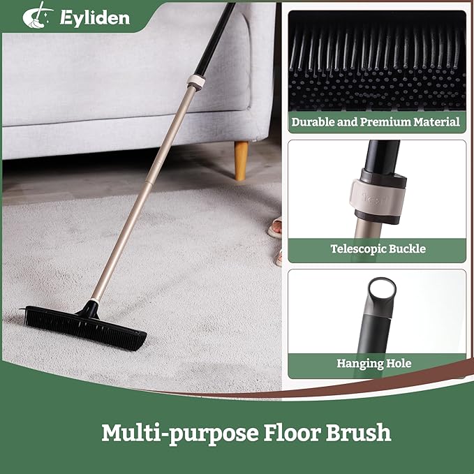 Eyliden Rubber Carpet Rake for Pet Hair, 2-in-1 Push Broom with Squeegee, 54" Telescopic Handle, Fur Water Remover Brush for Carpet, Rug, Hardwood, Tile Floors