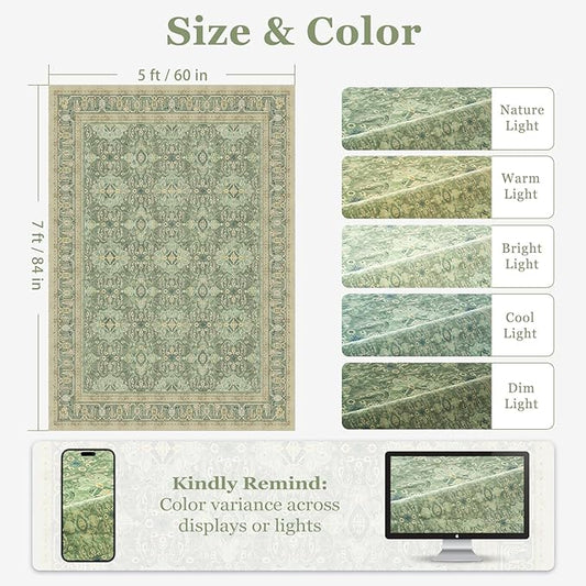 Sage Green Area Rug 5x7, Non Slip Washable Rugs for Living Room Bedroom Low Pile Thin Soft, Boho Floral Moroccan Pattern Printed Carpet Rug for Nursery Playroom Dining Room Home Office