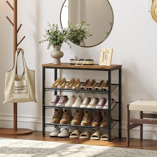 Shoe Rack for Closet,4 Tier Shoe Organizer for Entryway,Shoe Shelf with Storage Shelves and Spacious Top,Max Holds 16 of Shoes,Rustic Brown