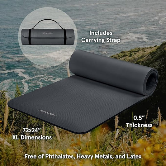 Retrospec Solana Yoga Mat 1/2" Thick w/Nylon Strap for Men & Women - Non Slip Exercise Mat for Yoga, Pilates, Stretching, Floor & Fitness Workouts