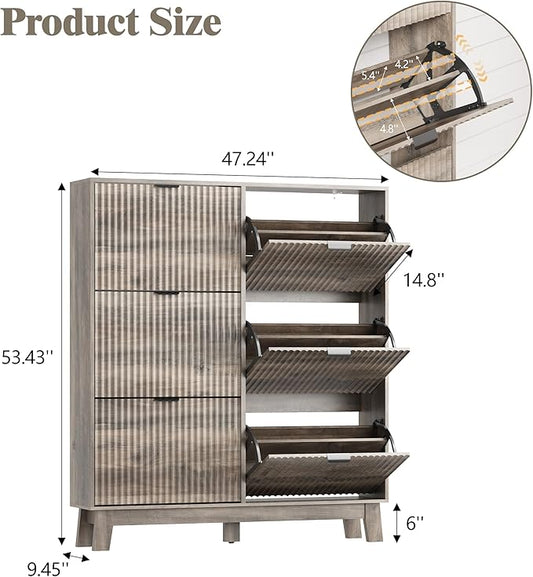 Shoe Cabinet Storage for Entryway with 6 Flip Drawers, Fluted Narrow Shoe Organizer with Wooden Legs, Freestanding Slim Shoe Storage Hidden Shoe Rack Organizer for Front Door Entrance, Grey