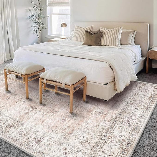 Washable Area Rug 3'x5' Vintage Traditional Floor Cover Foldable Thin Rugs Retro Kitchen Indoor Distressed Non Slip Carpet Floral Print Mat Bedroom Living Room