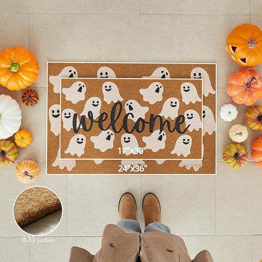 Halloween Door Mat Spooky Ghost Welcome Mat for Front Door Outdoor Entrance Doormat Coir Dirt Trapper with Non Slip Backing, 24x36, Welcome Ghost